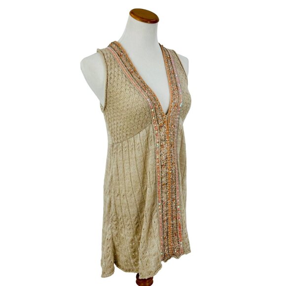 RARE Vintage Free People Beige Embellished Sequin Trim & Keyhole Back Boho Knit - Picture 12 of 15